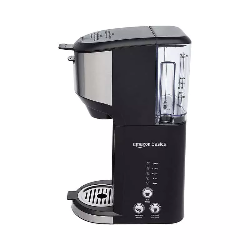 Amazon Basics Drip Coffee Maker with K-Cup, 14 Oz, Black and Stainless steel, 5.98″D x 9.44″W x 14.17″H