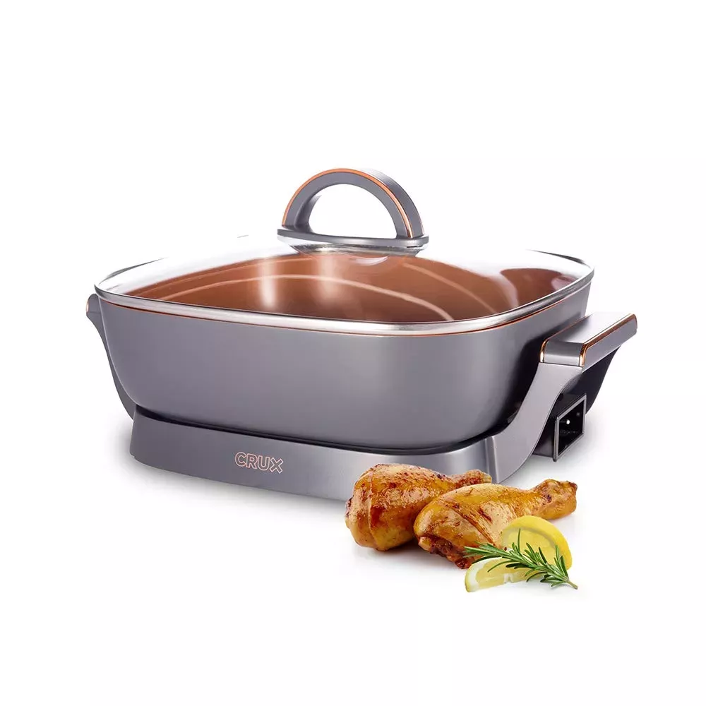 CRUX Electric Skillet with Glass Lid – Nonstick Scratch Resistant Ceramic Pan, Extra Deep, 12″ x 12″, 1400 Watts