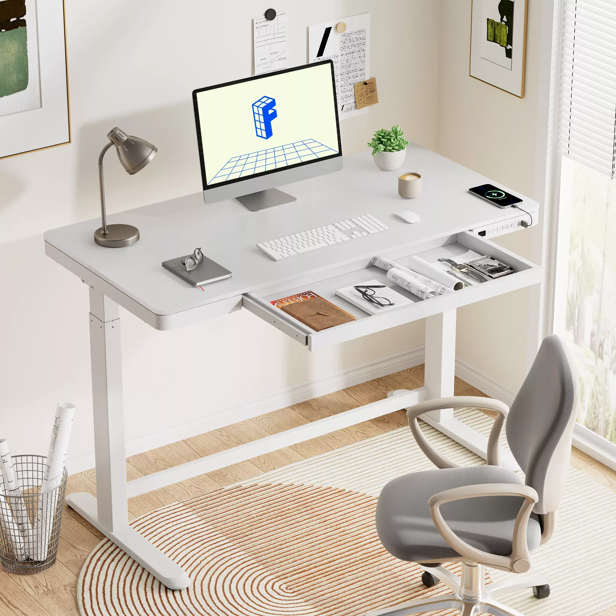 FLEXISPOT 48″ W Home Office Height Adjustable Standing Desk White Chipboard Top with USB Charge Ports, Drawer