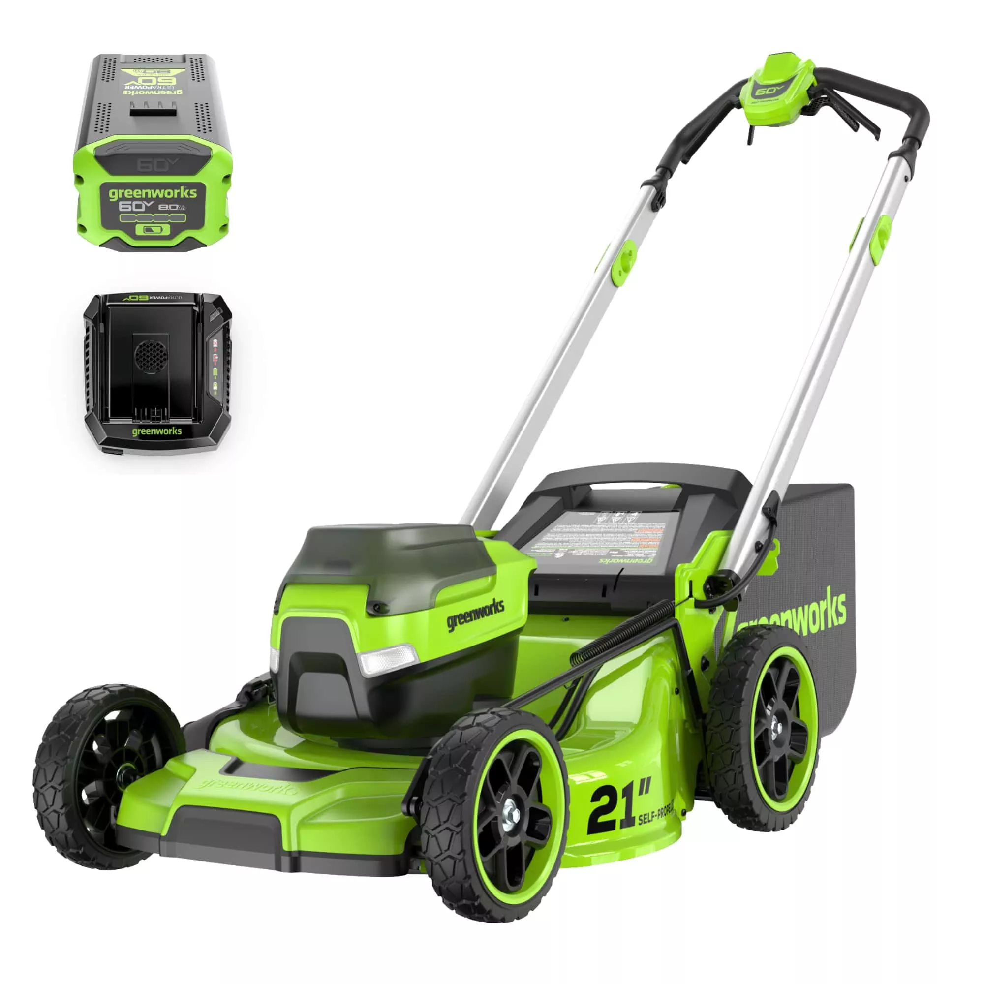 Greenworks 2546402 60V 21″ Self Propelled Lawn Mower with (1) 8.0 Ah Battery & Rapid Charger