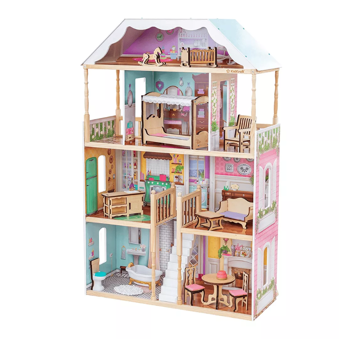 KidKraft Charlotte Classic Wooden Dollhouse with EZ Kraft Assembly, 14-Piece Accessory Set, for 12-Inch Dolls, Gift for Ages 3+