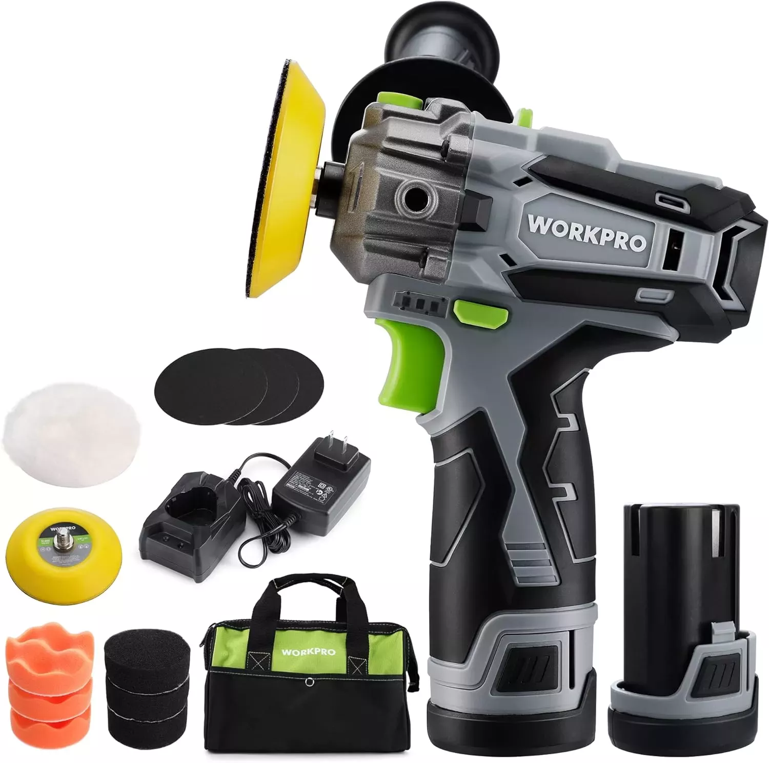 WORKPRO 12V Cordless Polisher, 3″ Mini Car Detailing Buffer & Sander Machine Kit