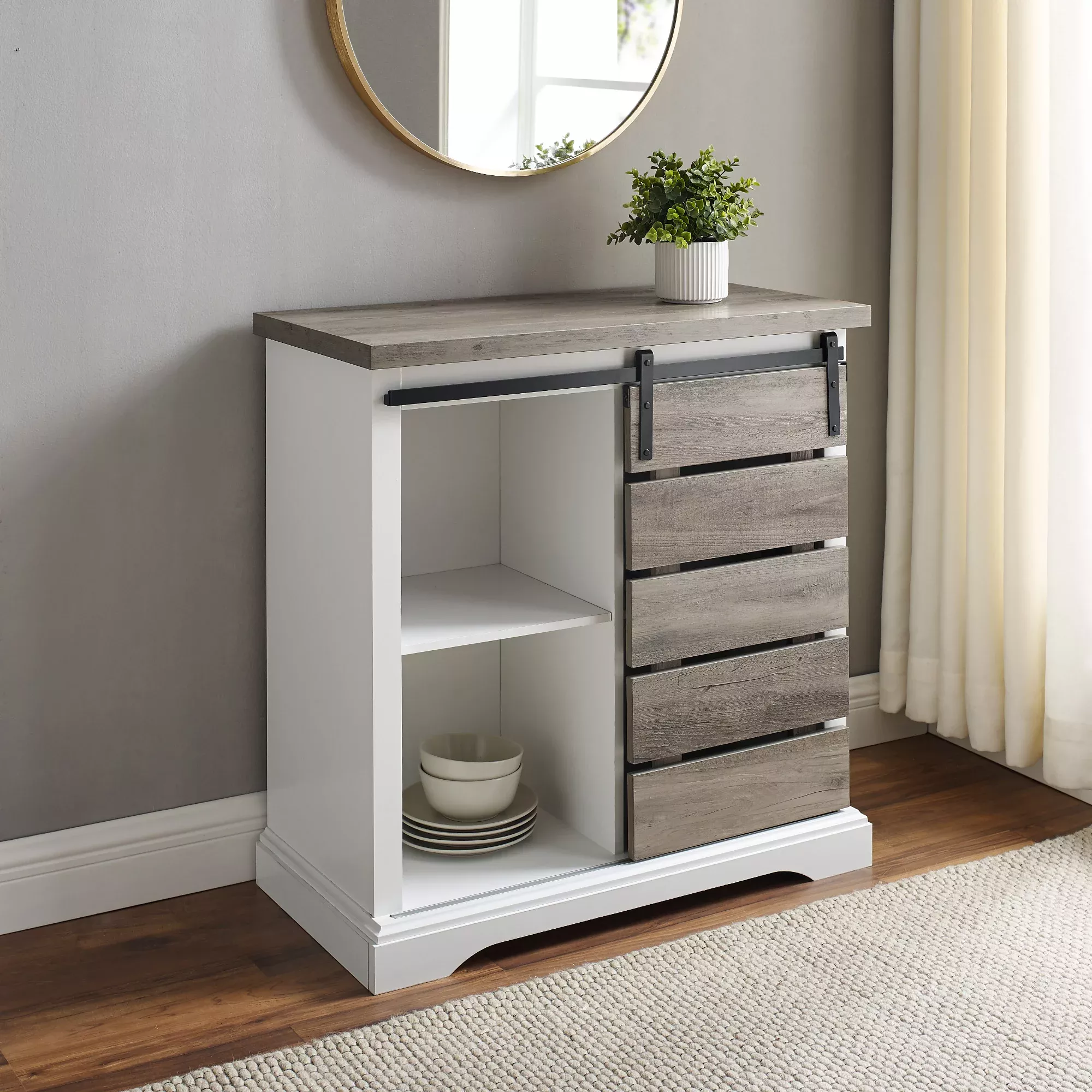 Woven Paths Farmhouse Sliding Barn Door Accent Cabinet, Grey Wash