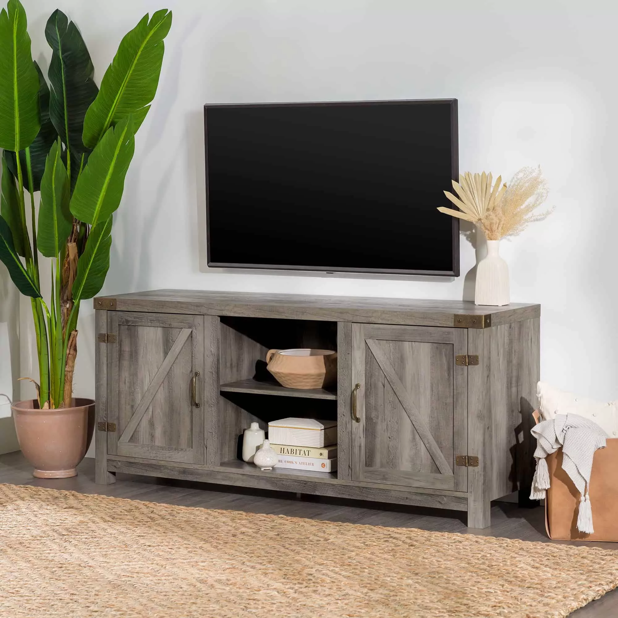 Woven Paths Modern Farmhouse Barn Door TV Stand for TVs up to 65″, Grey Wash
