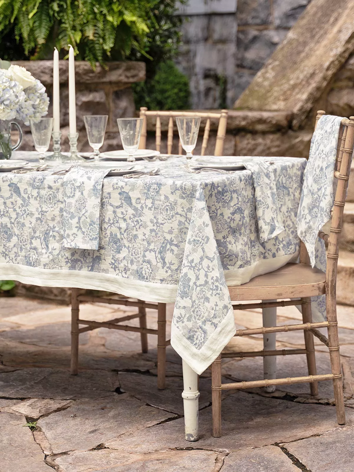 ZEN GARDEN LINEN TABLECLOTH - WHITE BLUE 60 X 90